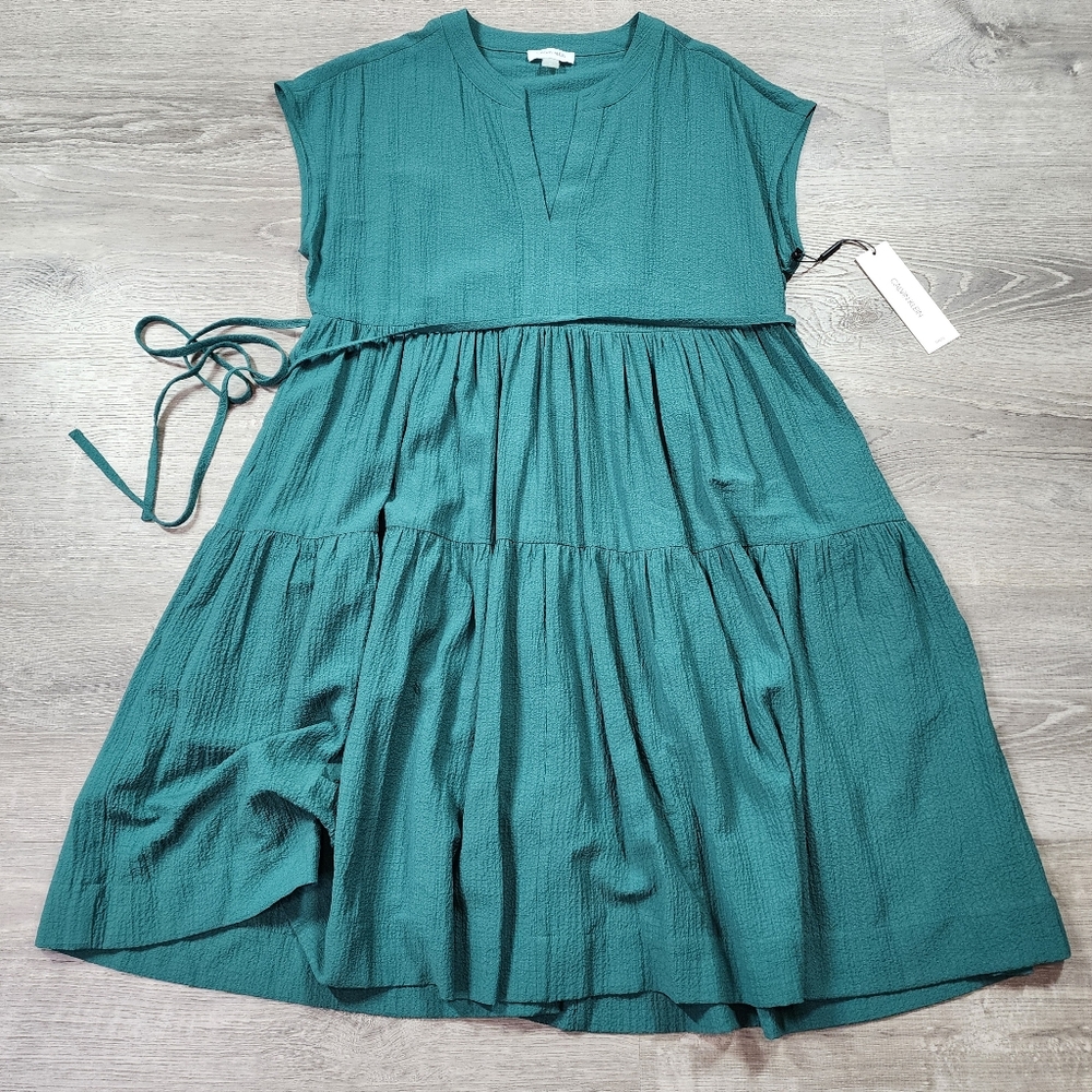 NWT CALVIN KLEIN Emerald Green Tiered Short Sleeve Midi Dress 10 - Picture 12 of 12